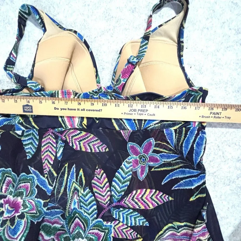 Cacique 1 Pc Swimdress Tropical Floral Women’s 40C Lightly Lined Plunge Swimsuit